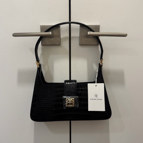Anine Bing Black Croc-Pattern Lou Shoulder Bag - Leather NWT